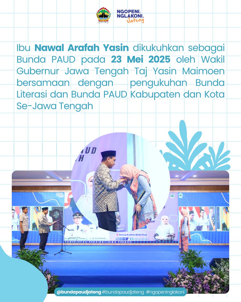 👩🏻‍🏫Kenalan, yuk! Sama sosok inspiratif di balik semangat pendidikan anak usia dini di Jawa Tengah!
⁣
Beliau adalah Hj. Nawal Arafah Yasin, M.S.I, istri Wakil Gubernur Jawa Tengah, dan saat ini menjabat sebagai Bunda PAUD Provinsi Jawa Tengah.

#bundapaud_jateng
#bundapaud
#jateng