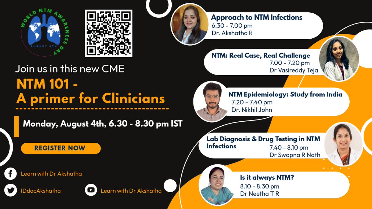 Akshatha R (@iddocakshatha) on Twitter photo This #WorldNTMDay, join us for
NTM 101 โ A Primer for Clinicians
Aug 4 | 6:30โ8:30 PM IST
Real cases, lab insights, drug testing & more!
Register - forms.gle/teECQsosXBPW5Zโฆ
#NTM #CME #InfectiousDiseases #LearnWithDrAkshatha
<a href="/CidsIndia/">CIDS India</a> This #WorldNTMDay, join us for
NTM 101 โ A Primer for Clinicians
Aug 4 | 6:30โ8:30 PM IST
Real cases, lab insights, drug testing & more!
Register - forms.gle/teECQsosXBPW5Zโฆ
#NTM #CME #InfectiousDiseases #LearnWithDrAkshatha
<a href="/CidsIndia/">CIDS India</a>