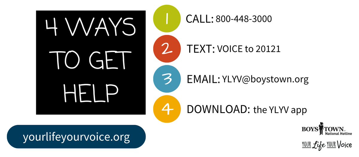 Looking for someone to talk to? Our hotline specializes in talking with kids, teens, and young adults. Call 800-448-3000 or TEXT VOICE to 20121. yourlifeyourvoice.org