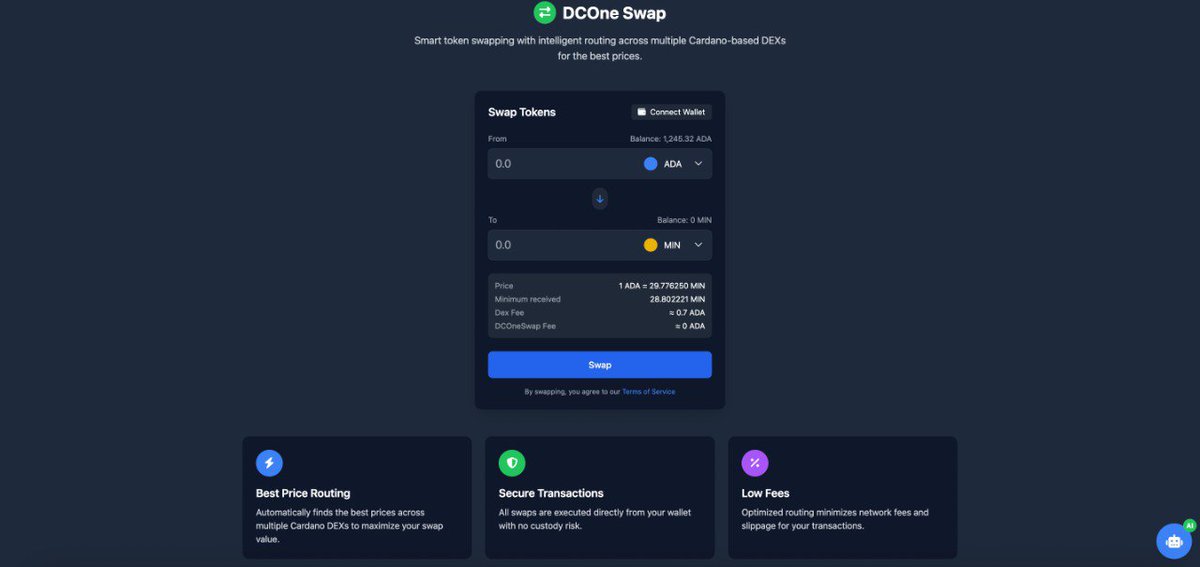 DCOneCrypto's tweet image. DCOne Swap Aggregator 2.0 BETA  🔥🔥

Smart token swapping with intelligent routing across multiple Cardano-based DEXs for the prices.

✅ Price Routing
Automatically finds the prices across multiple Cardano DEXs to maximize your swap value.

✅ Low Fees
Optimized routing…