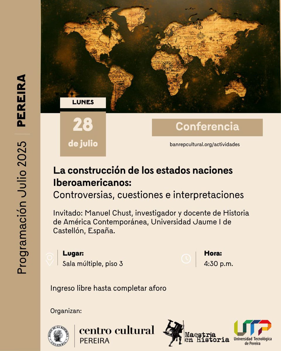 smartbotero's tweet photo. Tendré el honor de presentar a mi profesor Manuel Chust ante el público de mi ciudad, Pereira. La reinterpretación de los procesos independentistas americanos de los últimos 30 años han pasado por sus manos. ¡Todas y todos invitados! 
28 de julio - @Banrepcultural , 4:30 PM https://t.co/TWD3Xpbp0j