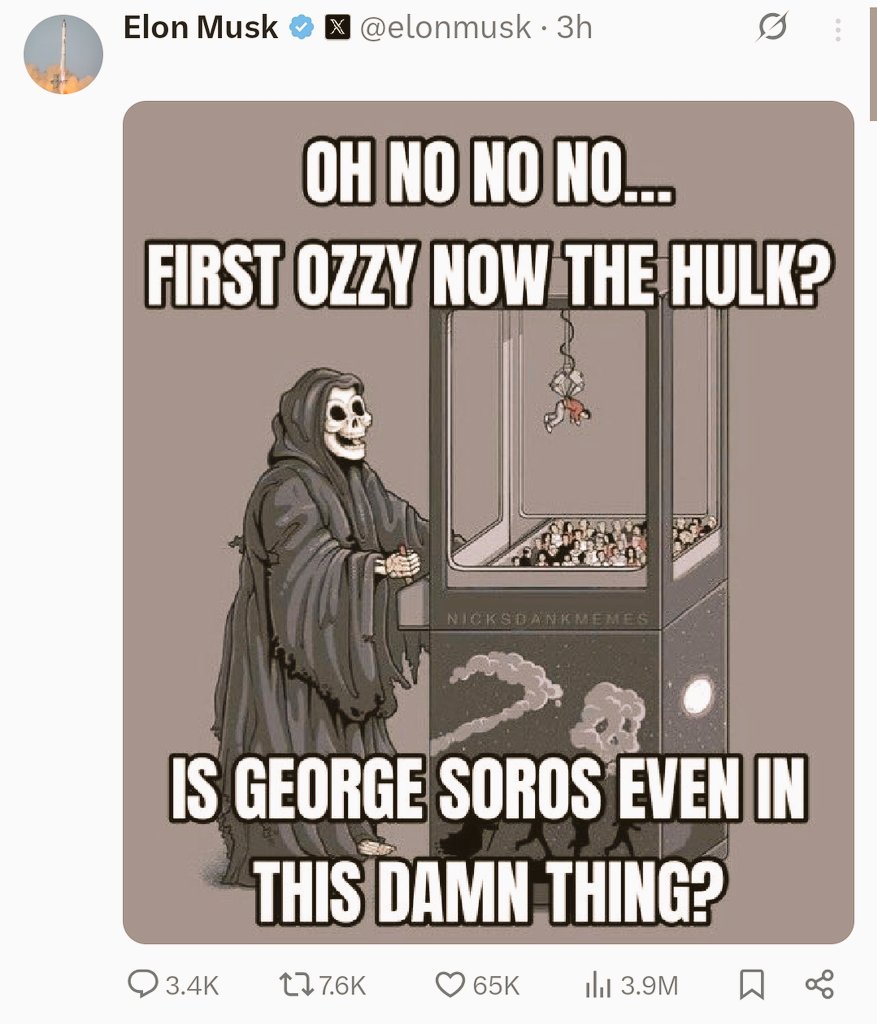Christ_Archived's tweet photo. Elon Musk just admit to killing Ozzy Osbourne and Hulk Hogan. 

The claw game represents society and if you go to the attachments, you'll see that he's ushering and #singularity, which means you're controlled by the #NeuKluxKlan. He has you killed if you refuse to comply. https://t.co/ROzZhgzWxo