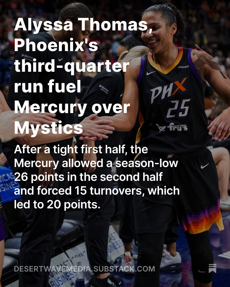 DesertWaveCo's tweet image. STORY: Alyssa Thomas had another MVP-type performance and the Mercury dominated both sides of the ball in the second half to beat the Mystics, 88-72.
More from @veenstra_david:
open.substack.com/pub/desertwave…
#WNBA
