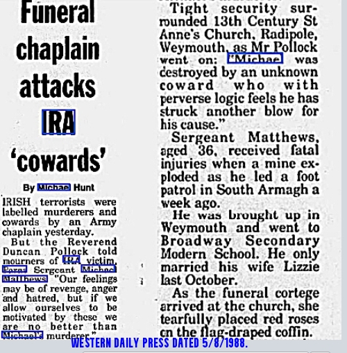 OnThisDayPIRA's tweet image. #OnThisDay in 1988 the IRA murdered Michael (Mick) Bryan Matthews, 36. Married, Para Regiment soldier injured previous day by IRA landmine explosion, near Cullyhanna, S Armagh. Died #OTD. Wife at his bedside, married less than a year. His 4th tour in NI. paradata.org.uk/people/michael…