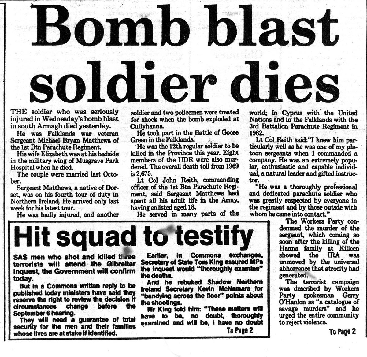 OnThisDayPIRA's tweet image. #OnThisDay in 1988 the IRA murdered Michael (Mick) Bryan Matthews, 36. Married, Para Regiment soldier injured previous day by IRA landmine explosion, near Cullyhanna, S Armagh. Died #OTD. Wife at his bedside, married less than a year. His 4th tour in NI. paradata.org.uk/people/michael…