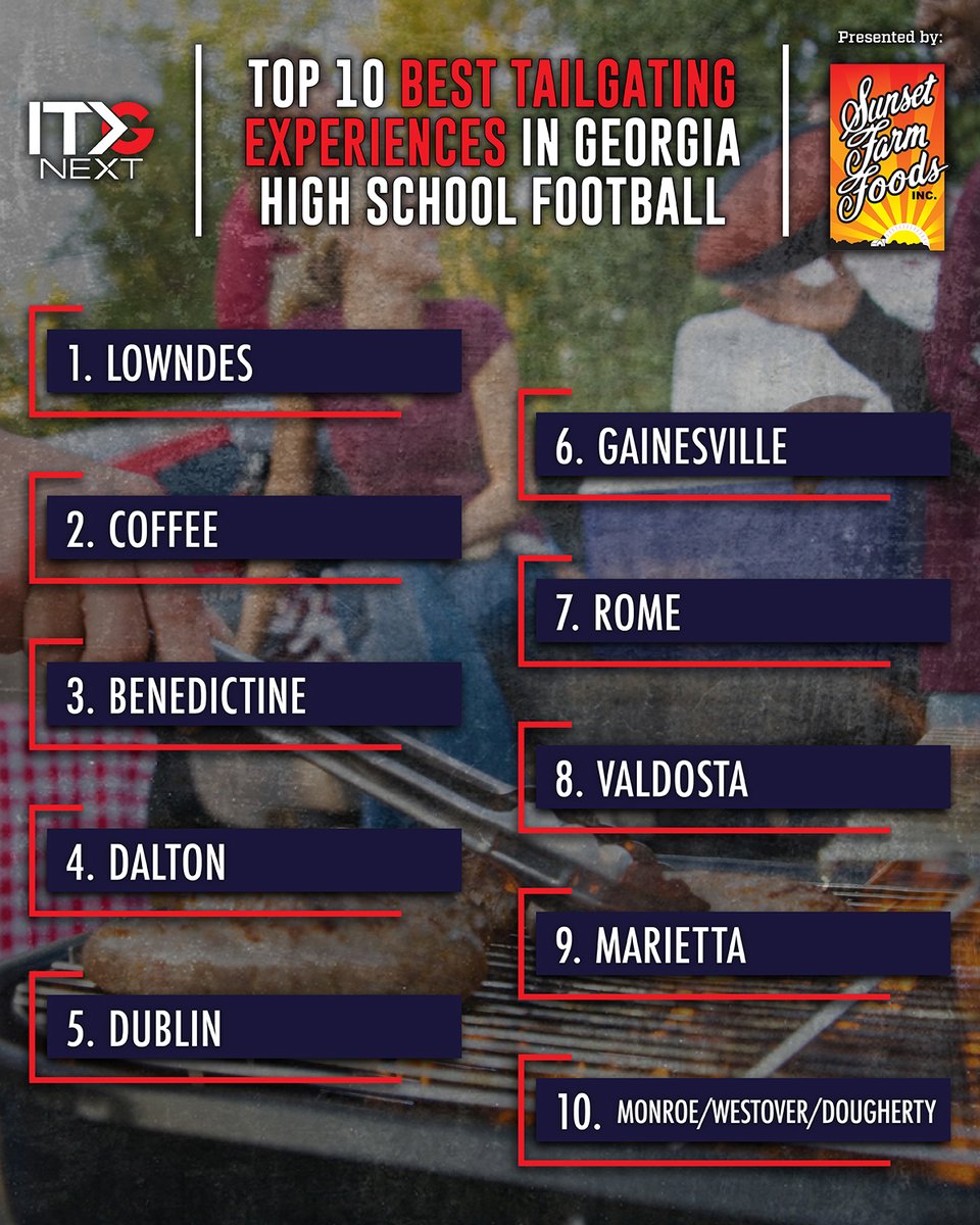 ITG Next - Georgia (@itgnext_georgia) on Twitter photo Friday nights in Georgia aren’t just about football; the tailgates are legendary. We ranked the Top 10 High School Football Tailgating Experiences across the state, from Lowndes to Dublin and everywhere in between.
Presented by <a href="/sunsetfarmfoods/">Sunset Farm Foods</a> #sponsored Friday nights in Georgia aren’t just about football; the tailgates are legendary. We ranked the Top 10 High School Football Tailgating Experiences across the state, from Lowndes to Dublin and everywhere in between.
Presented by <a href="/sunsetfarmfoods/">Sunset Farm Foods</a> #sponsored