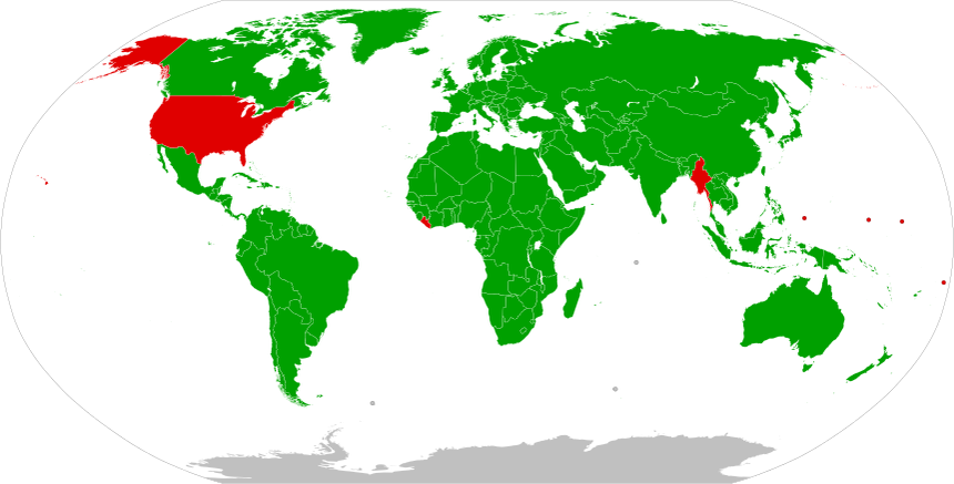 Kaitosam's tweet photo. @csvnst @BowTiedMara Because this is the map of the countries that use the metric system (green) versus the imperial system (red).

PS: NASA, despite being US, also uses the metric system, so not even everyone in the USA uses the imperial system. https://t.co/q3WhqIJULc