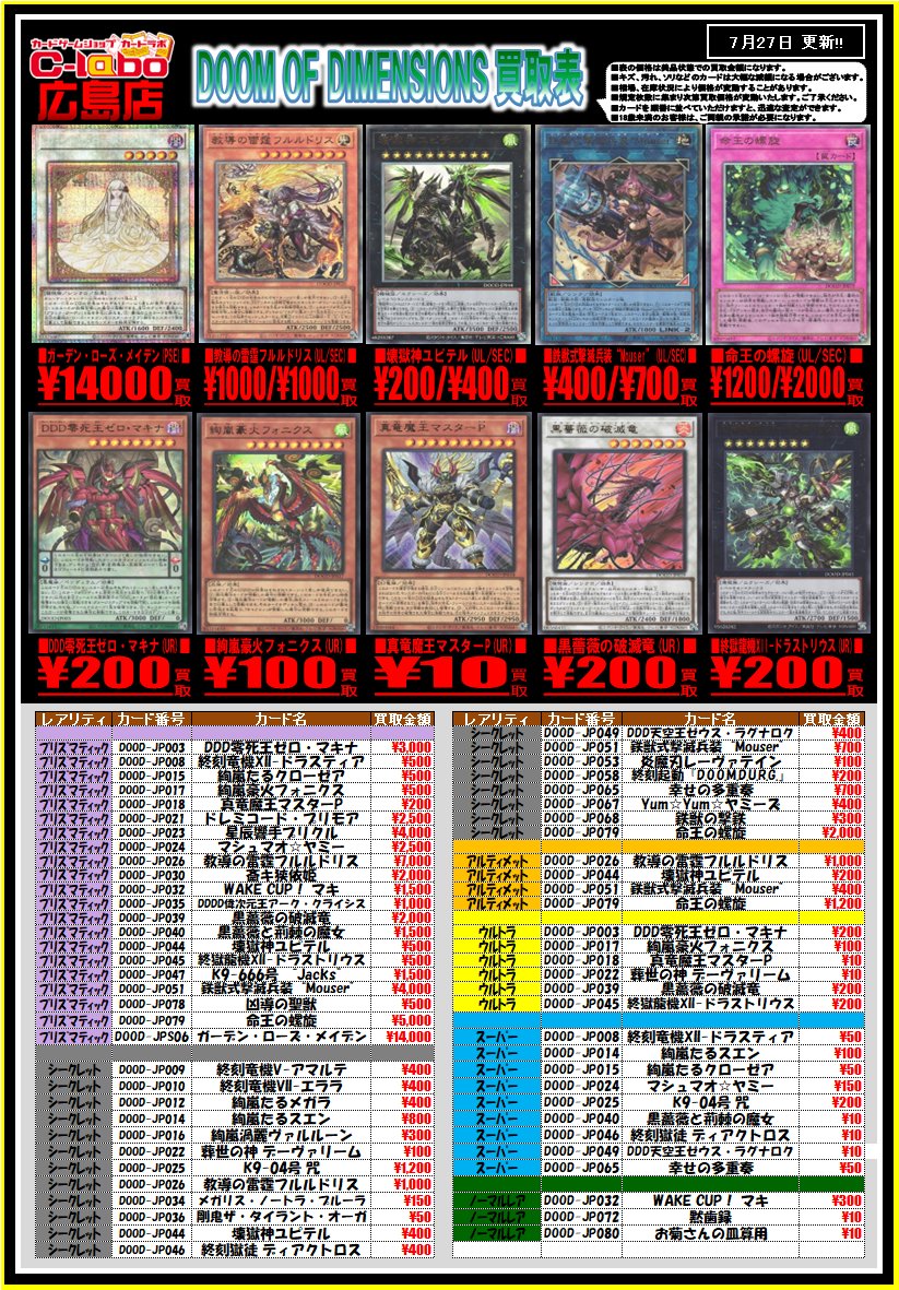 hiroshimalabo's tweet image. 【遊戯王　販売情報】
新弾『DOOM OF DIMENSIONS』
買取表になります！
お売りの際は是非当店までお越し下さい♪
