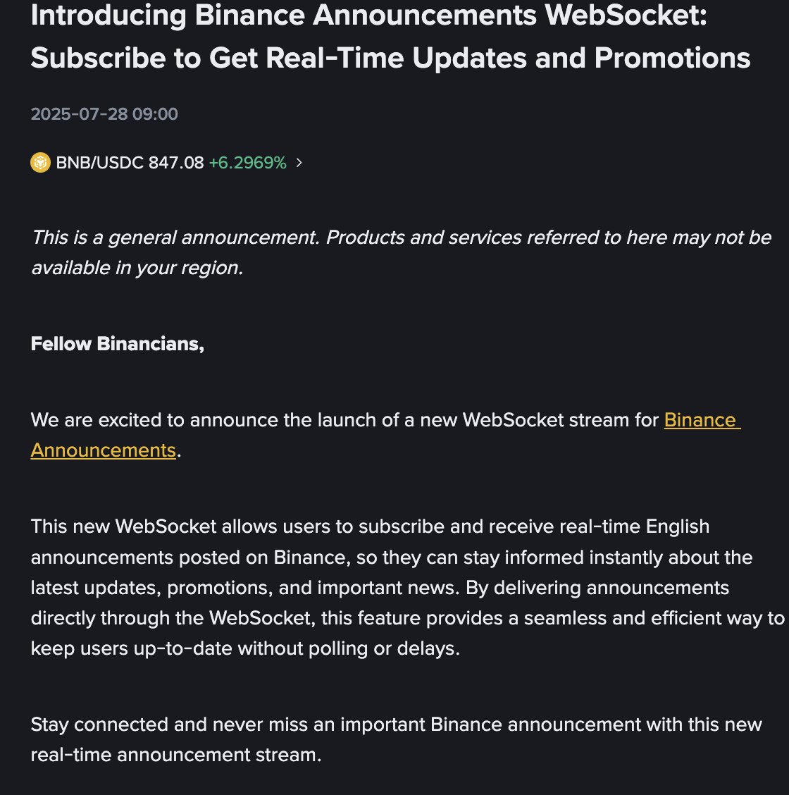 XYiduo's tweet image. 币安宣布上线 WebSocket 推送功能。

用户可通过该功能订阅并实时接收币安发布的英文公告，包括平台动态、活动信息及重要通知，提升信息获取的及时性。@binance @binancezh 

#Binance #WebSocket