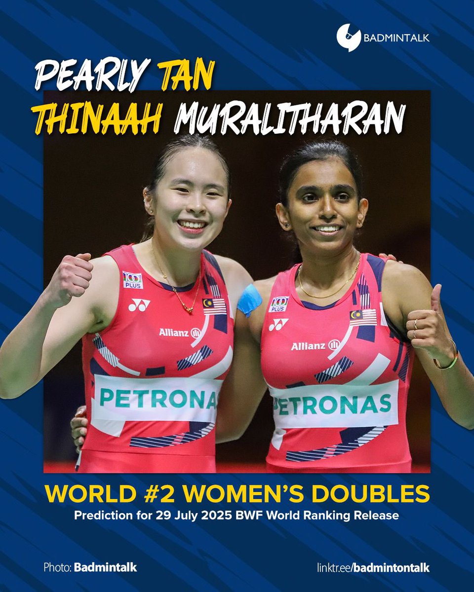 Congratulations to Pearly Tan and Thinaah Muralitharan for reaching career high of World Rank number #2 this week!

They will be ranked second in the world in this week's ranking release on Tuesday, 29 July 2025! 

#Badmintalk #RankingCalculated