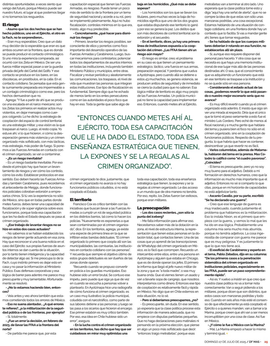 Por qué exigir "militares a la calle" es, inadvertidamente o no, buscar entregarle el país al crimen organizado. Y por qué eso es exactamente lo que está ocurriendo hoy en Chile. Necesaria entrevista.