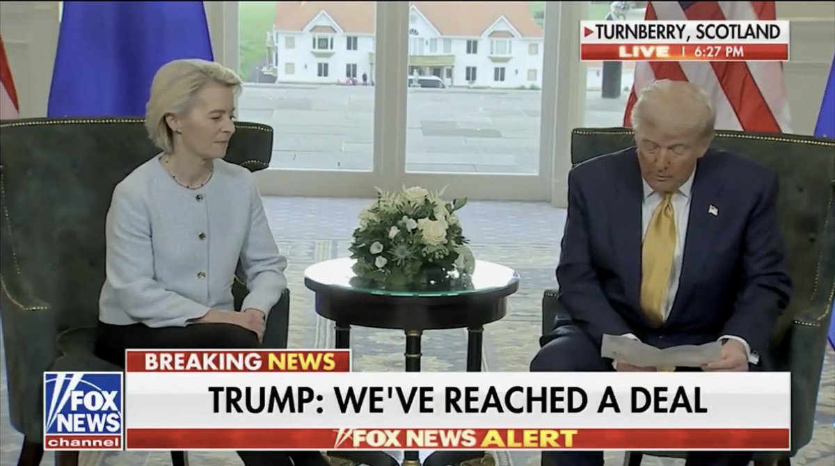 🚨 BREAKING: The world’s two largest economies have just struck the trade deal! 🌍🇺🇸🇪🇺
A 15% tariff on most EU goods—down from a threatened 30%—stabilizes the global market and averts a trade war. Another historic win for President <a href="/realDonaldTrump/">Donald J. Trump</a> 💼✨ #TradeDeal #USvsEU