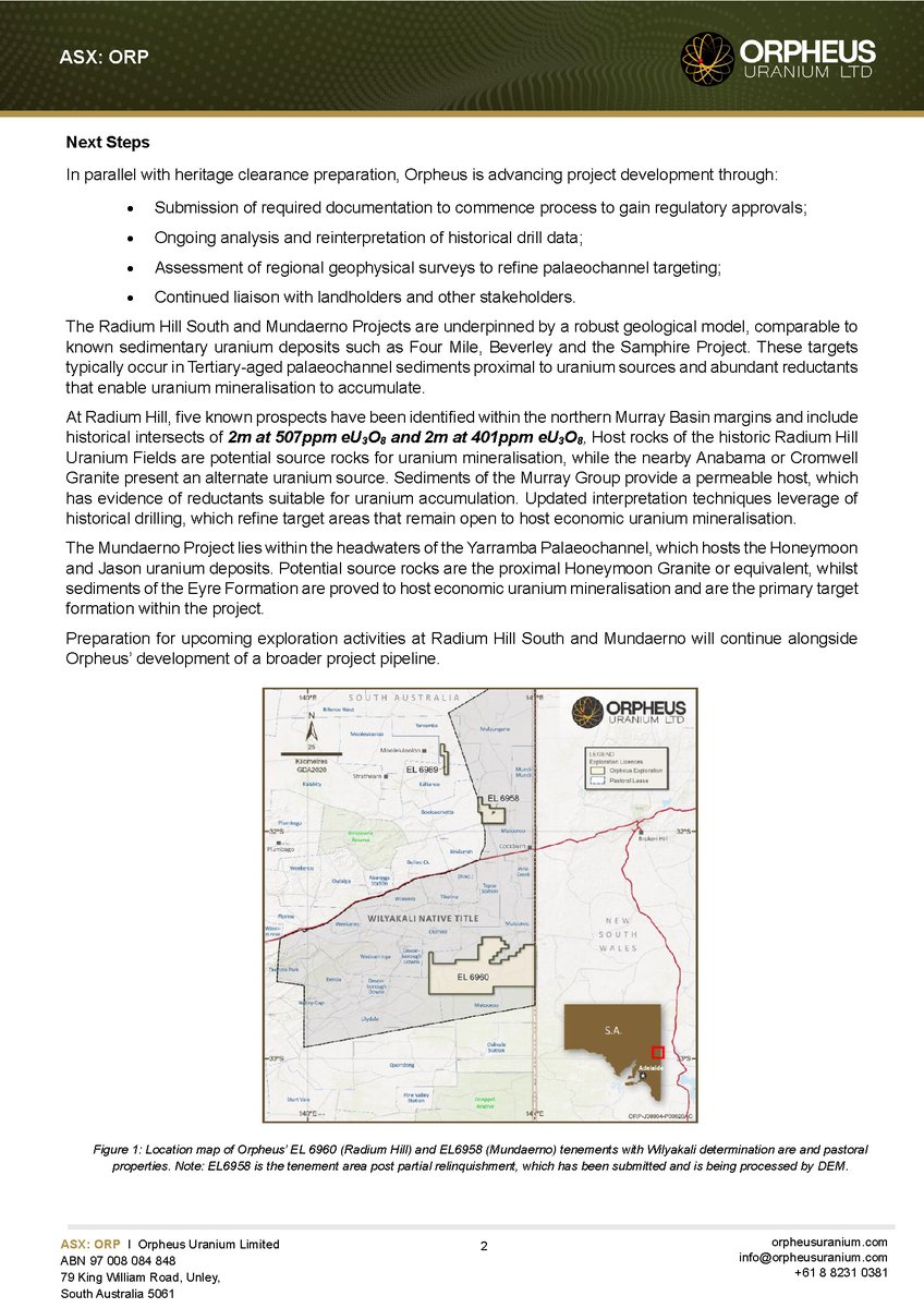 In a big step forward, <a href="/OrpheusUranium/">OrpheusUranium</a> has executed an NTMA with the Wilyakali people. This shows $ORP's commitment to respectful engagement and paves the way for advanced exploration at the  prospective Radium Hill South &amp; Mundaerno #Uranium projects.

orpheusuranium.com/asx-announceme…