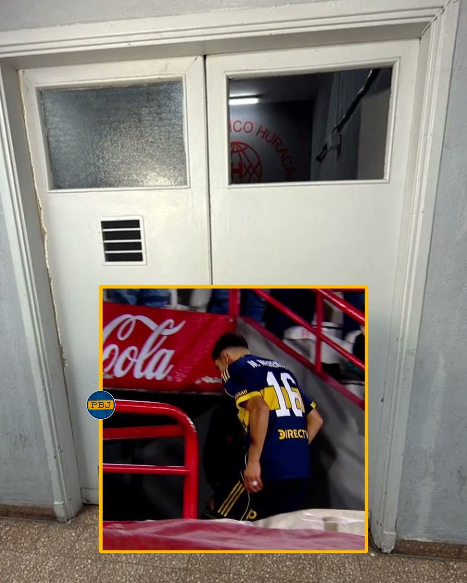 PlanetaBoca's tweet image. Así quedó una de las puertas del vestuario visitante de la cancha de Huracán.
Según gente que estaba en esa zona, el vidrio se rompió producto de un portazo de Merentiel.
📸 @TyCSports