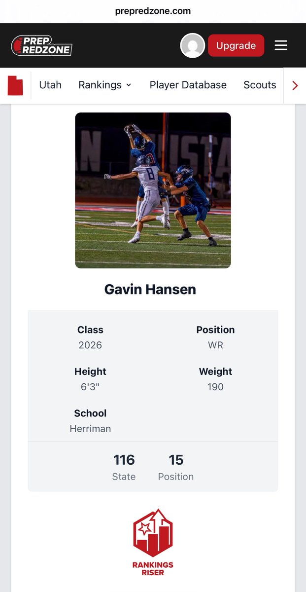 GHansen2026's tweet image. Big thanks to @Andy_Pham1 and @PrepRedzoneUT for coming out to the showcases & camps this season and putting in the time on evaluations — really appreciate it. Honored to be ranked in the top 15 WRs. More work to do.