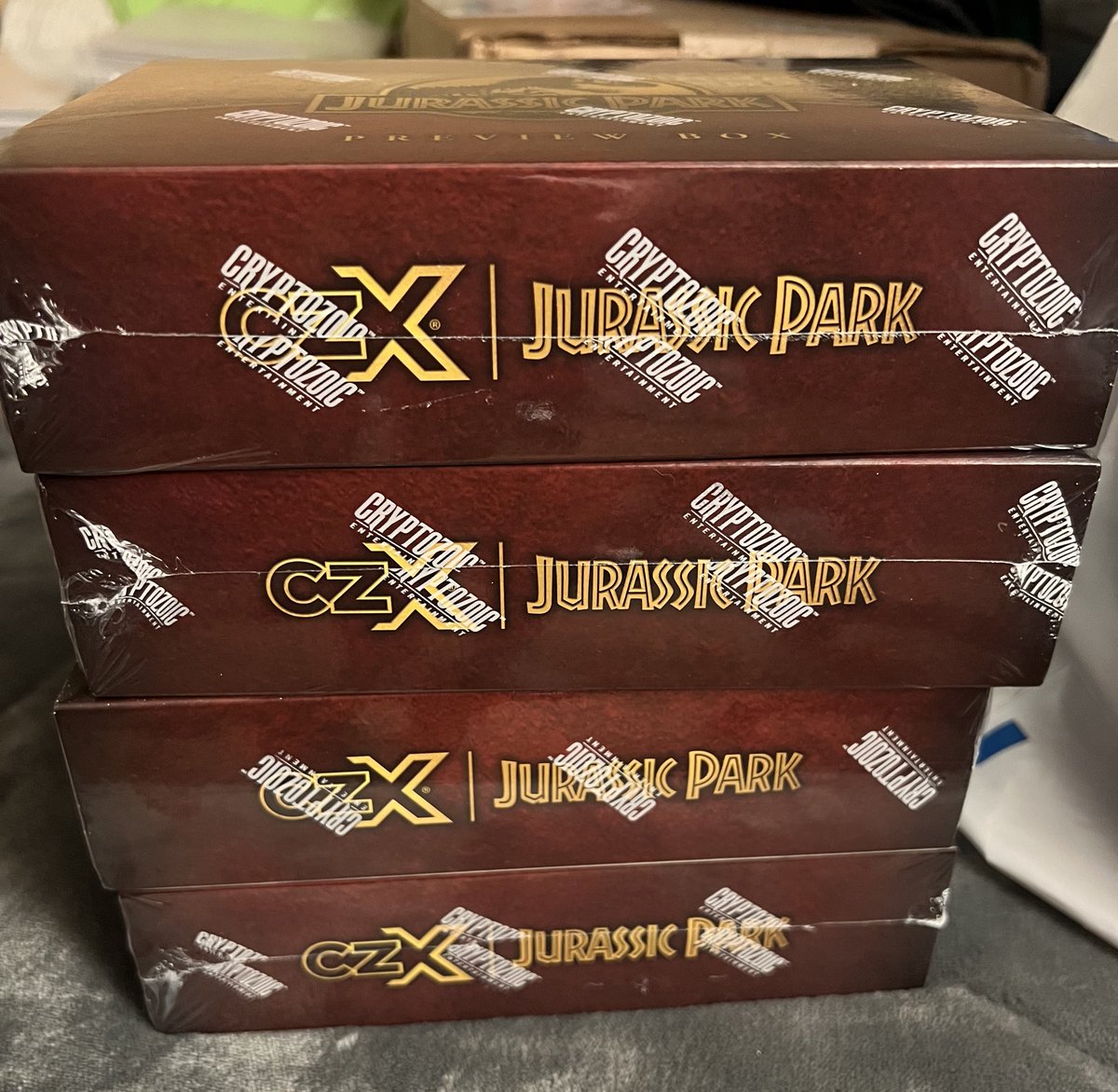 Ripping 4 of the San Diego Comic-Con exclusive Cryptozoic Jurassic Park  boxes! Looking for the elusive Wayne Knight auto 👀