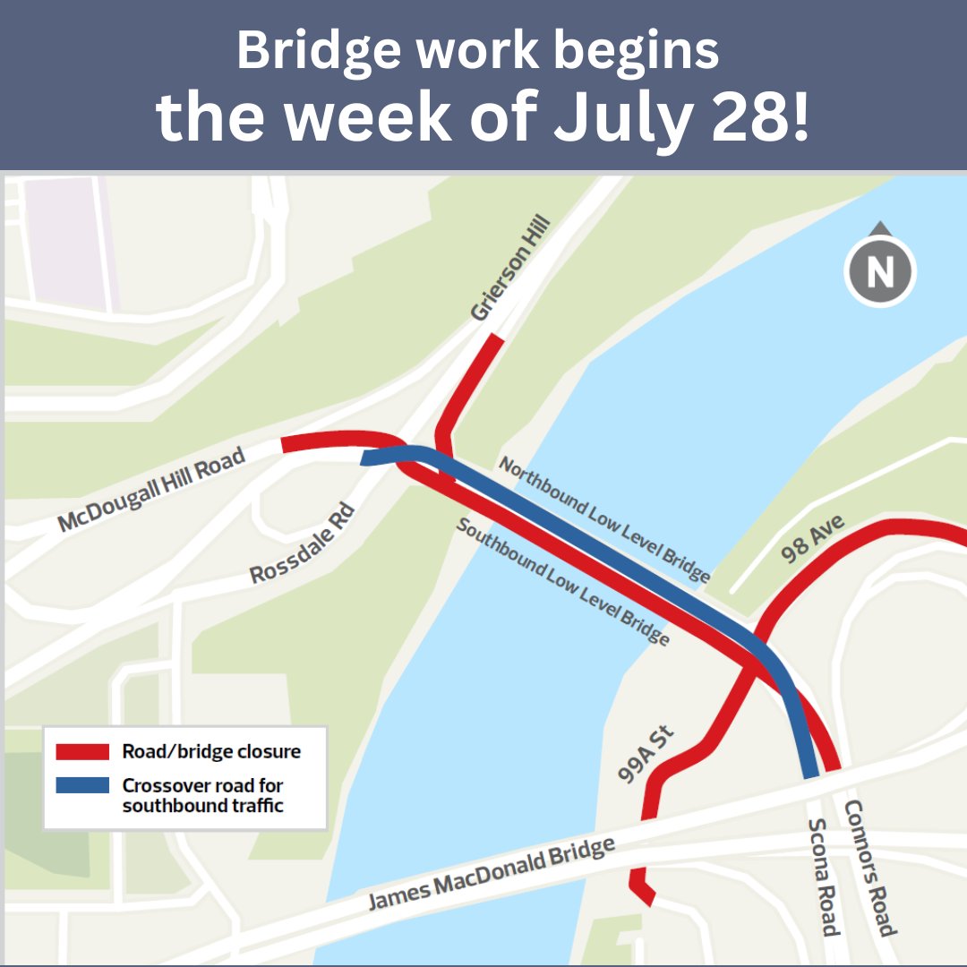 Starting the week of July 28, rehab work begins on the southbound Low Level Bridge. Work should be done by the end of 2025, with some work in 2026.
edmonton.ca/projects_plans…