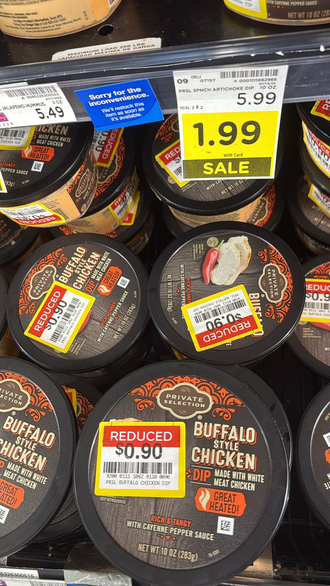 MultiversMingle's tweet image. Good deals are so sus. Why is the buffalo style chicken dip $.90?