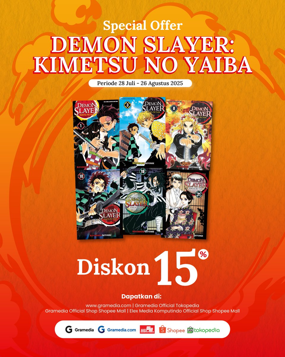 Mangamaniaaa~ Inilah saatnya lengkapi seri Demon Slayer-mu!💥
Ada diskon spesial yang bisa kamu nikmati untuk pembelian komik ini di marketplace kami🛒

Promo berlaku hingga 26 Agustus 2025. Jangan sampai ketinggalan ya!✨
🔗: bit.ly/SHOPEE_ELEX