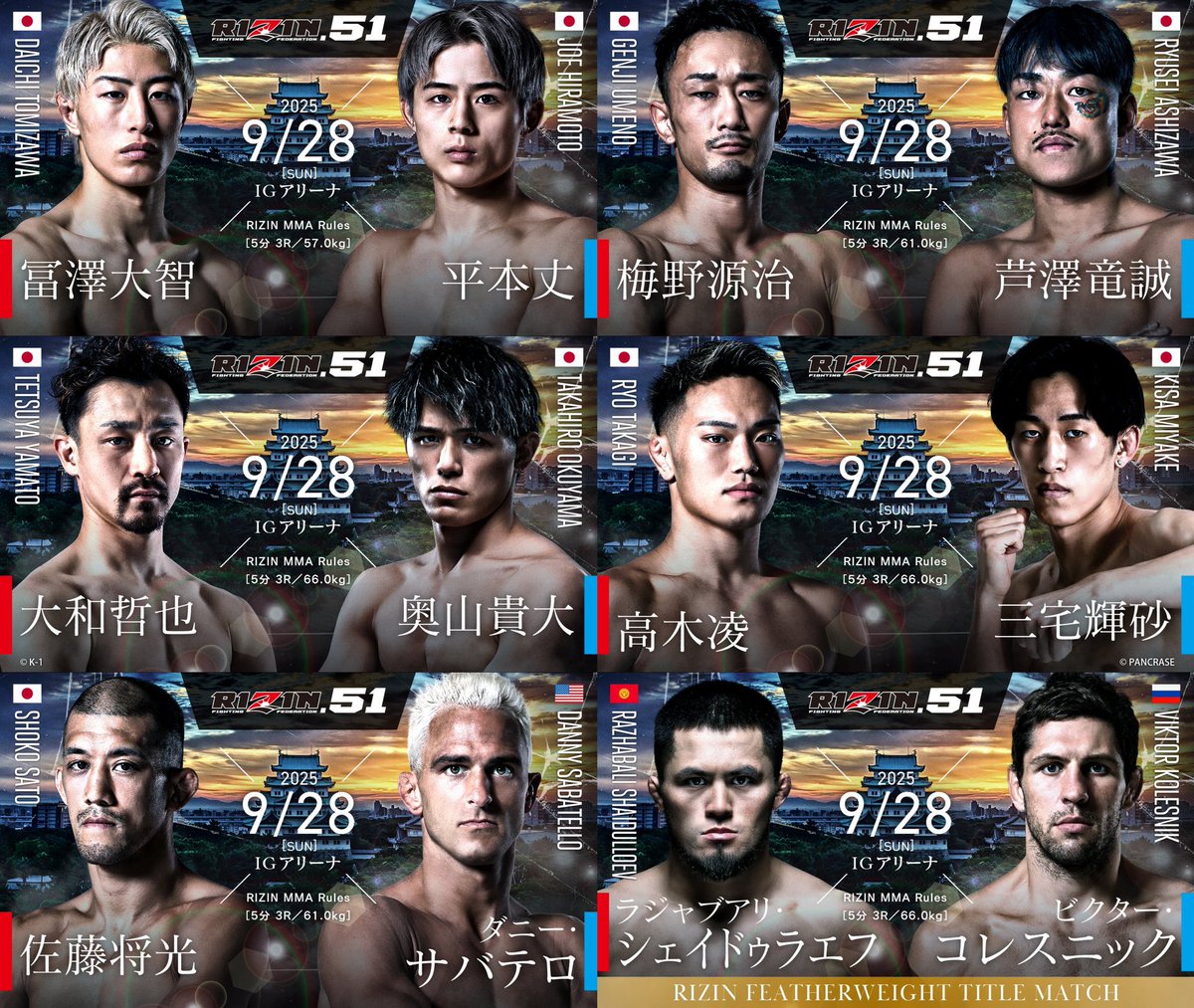 MAC_MMA_'s tweet image. エンタメカードからバンタム級タイトルマッチ次期挑戦者決定戦、ヘビー級GP決勝戦、フライ級GP準決勝、フェザー級&ライト級タイトルマッチが用意された名古屋大会という名の超RIZIN5秋の喧嘩祭り
#RIZIN51