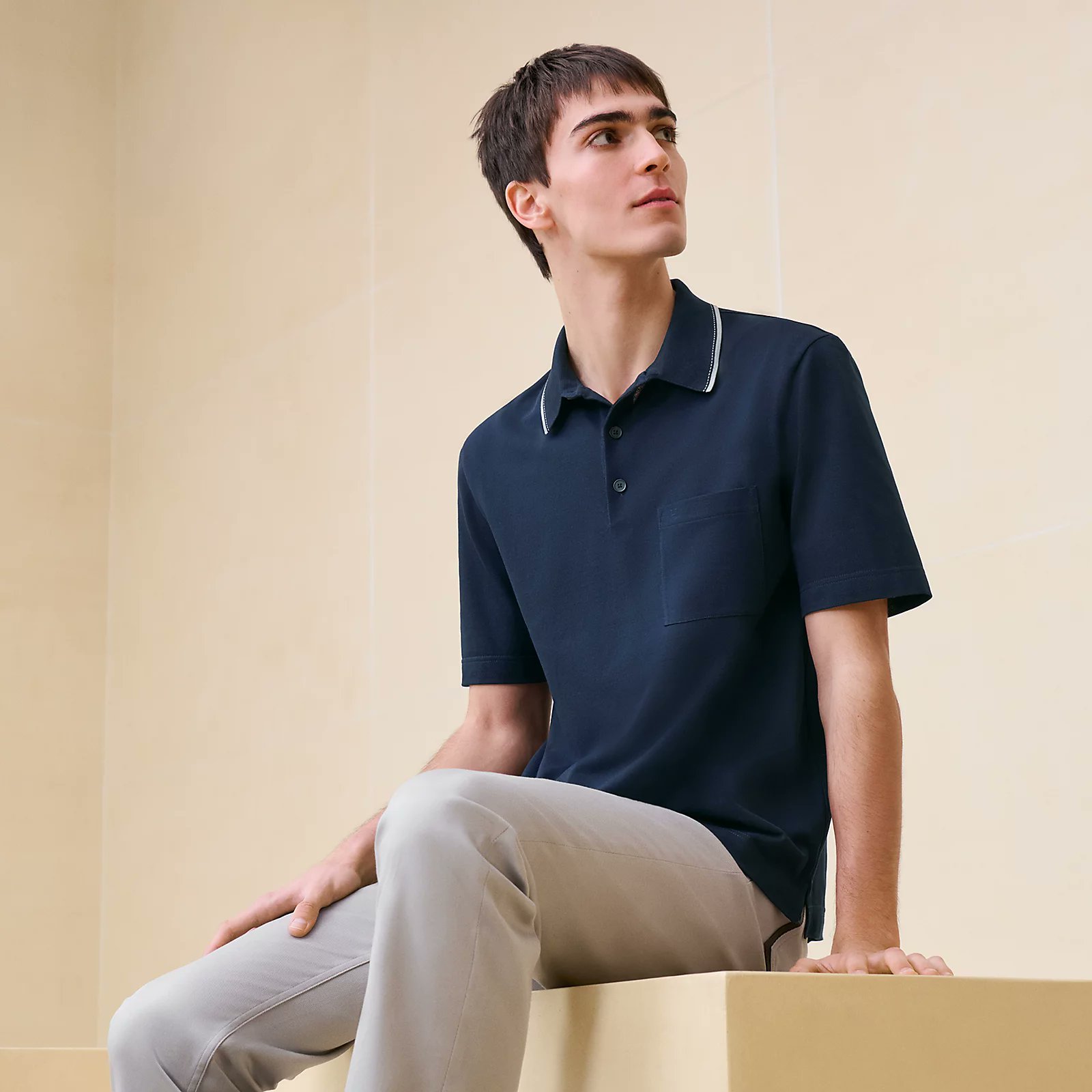 エルメス　ポロシャツ　青 HERMES エルメス 襟ライン ポロシャツ 良好 サイズ:L ブルー