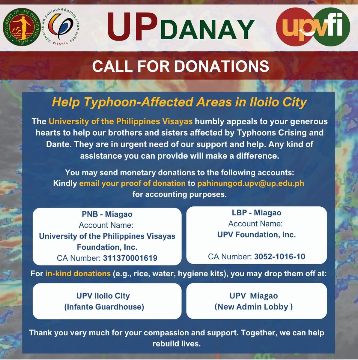 upsystem's tweet image. #ICYMI: @UPVOfficial is calling for donations for communities affected by floods caused by #CrisingPH and #DantePH.

Read more here: facebook.com/U.P.Visayas.Of… via @UPVOfficial on Facebook