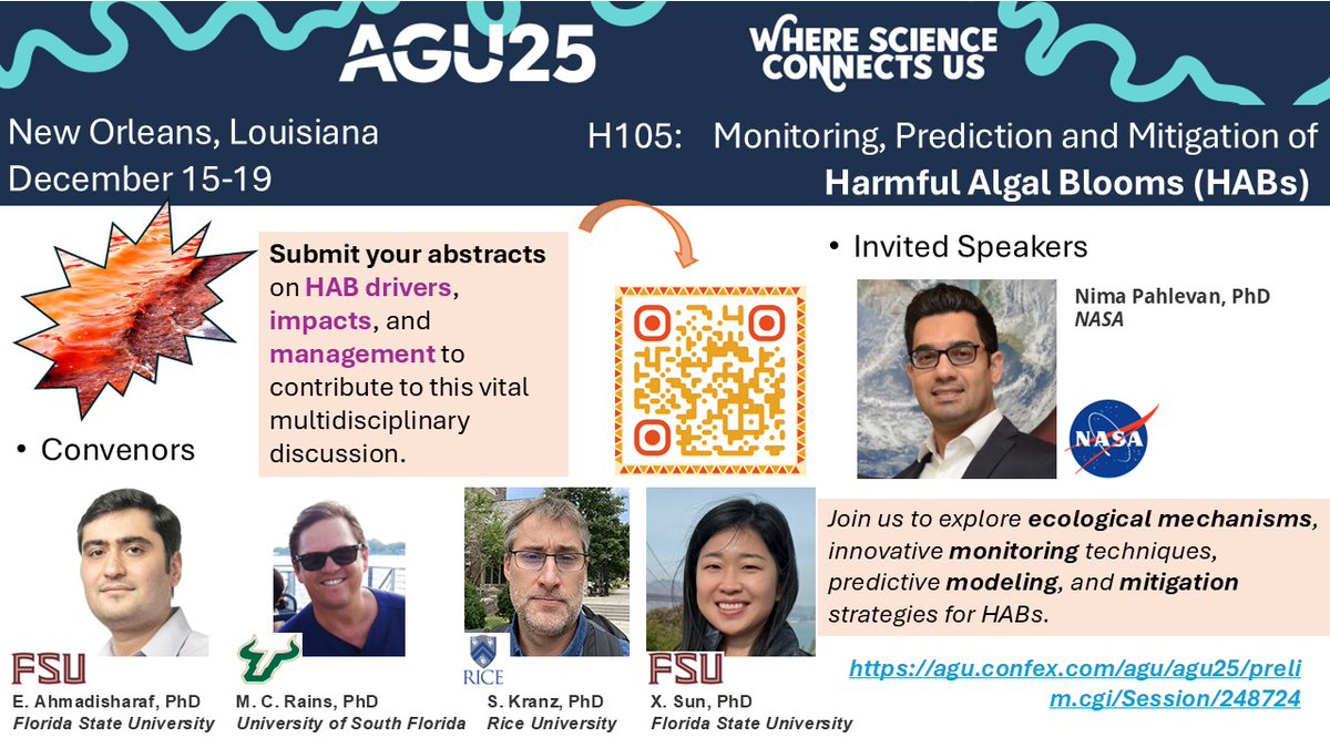 Submit your abstracts to our <a href="/theAGU/">AGU (American Geophysical Union)</a> #agu25 session that covers a broad range of topics on harmful algal blooms. The submission is due by Jul 30.

Convened by Xiuming Sun, Mark Rains &amp; Sven Kranz
Invited speaker: <a href="/nima_pahlevan/">Nima Pahlevan</a> 

agu.confex.com/agu/agu25/prel…

<a href="/AGU_WQ/">AGU Water Quality</a>