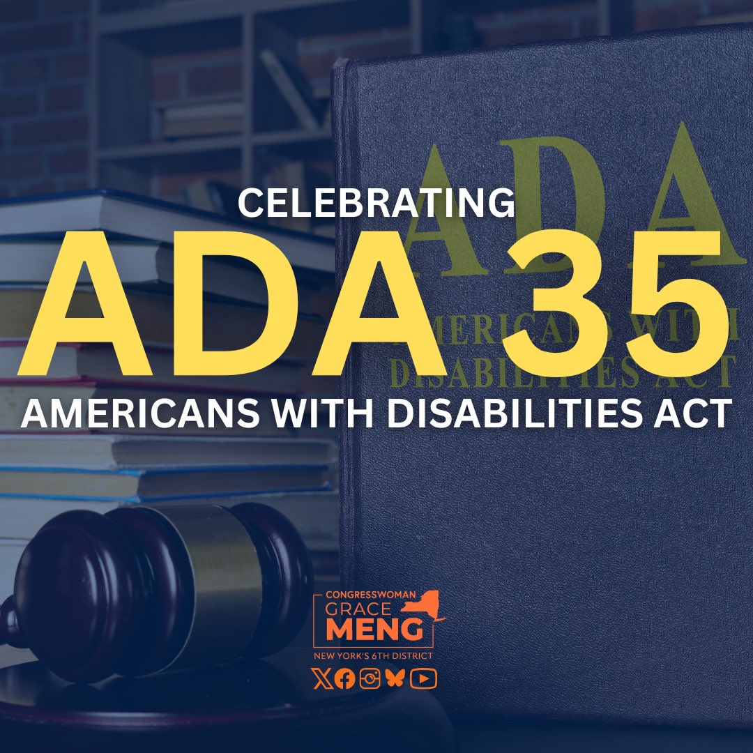 Grace Meng (@repgracemeng) on Twitter photo Thirty-five years ago this week, the Americans with Disabilities Act became law, banning discrimination against people with disabilities in employment, transportation, and public life.
While there has been significant progress, much work remains. We must keep advocating for Thirty-five years ago this week, the Americans with Disabilities Act became law, banning discrimination against people with disabilities in employment, transportation, and public life.
While there has been significant progress, much work remains. We must keep advocating for