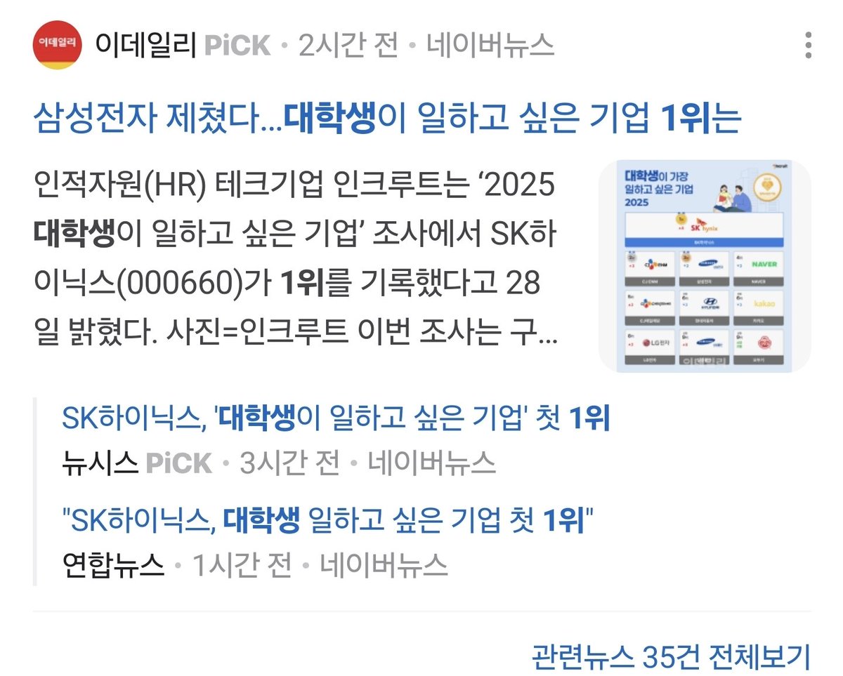 fulllleverage's tweet image. 역쉬 돈이 최고임
돈이 최고의 복지고 최고의 원동력임

대학생이 가장 일하고 싶은 1위 기업
SK하이닉스

사진=인크루트