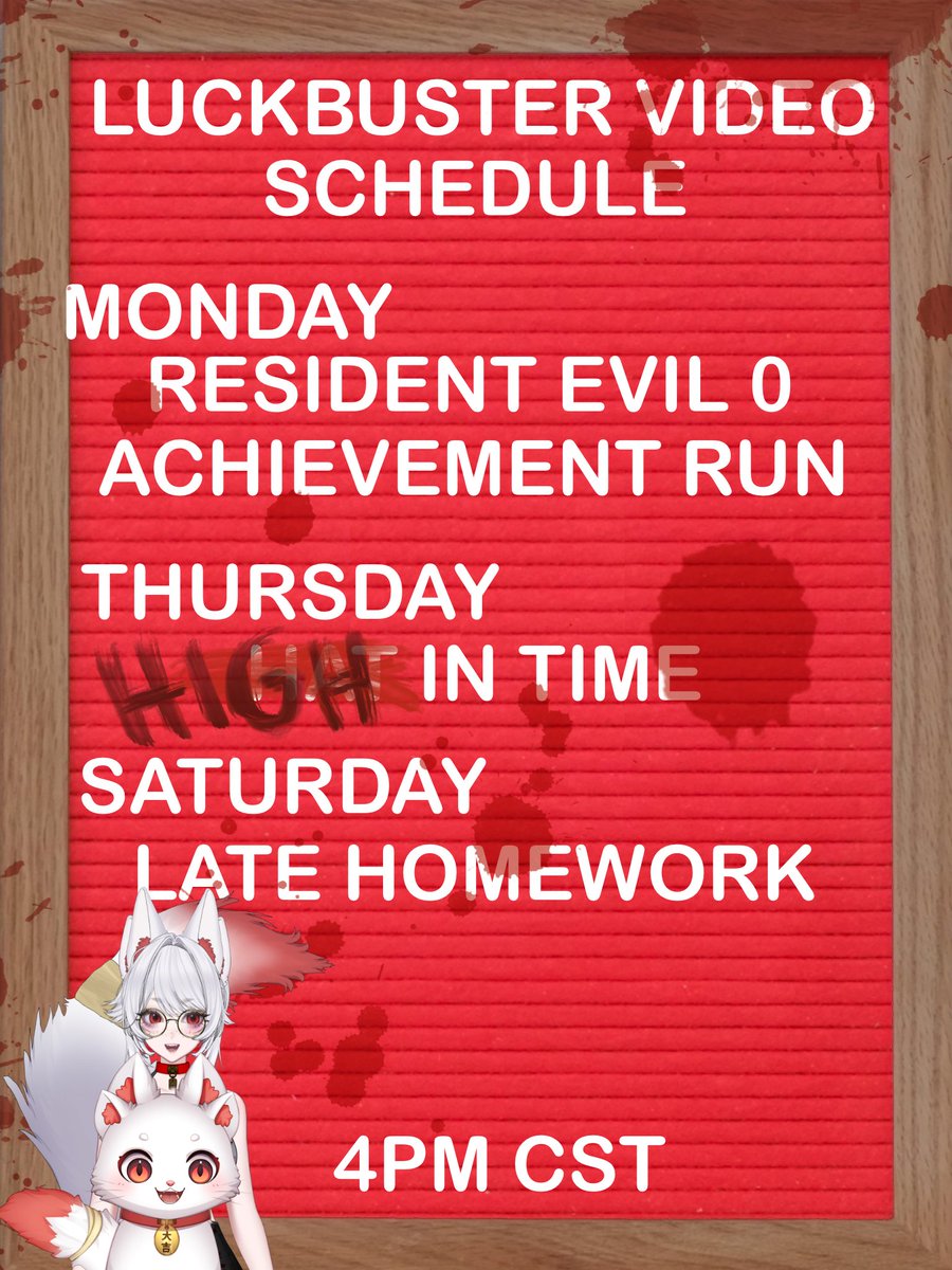 UnluckyCatVT's tweet image. Schedule for this week!!!

Monday- #ResidentEvil 0 Achivement Run!
Thursday- #HatInTime, I mean, high in time, heheheheeheheheeheheh
Saturday- #LateHomework! 

Each week, we&apos;ll have one Resident Evil (Or adjacent) stream, one variety w/ catnip, and one other horror!