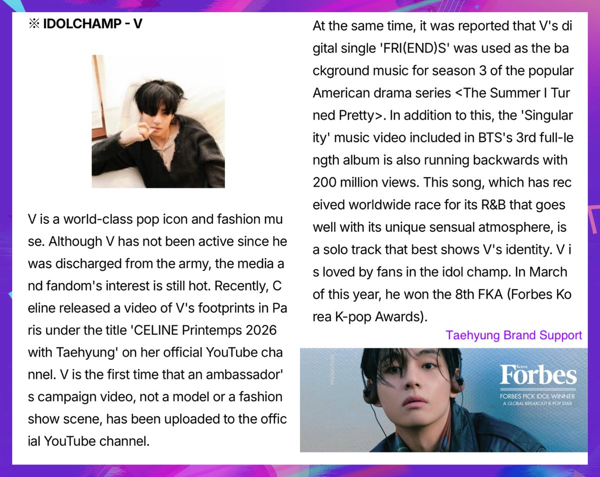 btskthv1230's tweet image. For anyone interested in reading the full article, here's the source link... It always baffles me as to why some fan accounts refuse to provide it... 🤔
CONGRATULATIONS TAEHYUNG
FORBES KOREA TOP IDOL V
Source Link👇
forbeskorea.co.kr/news/articleVi…