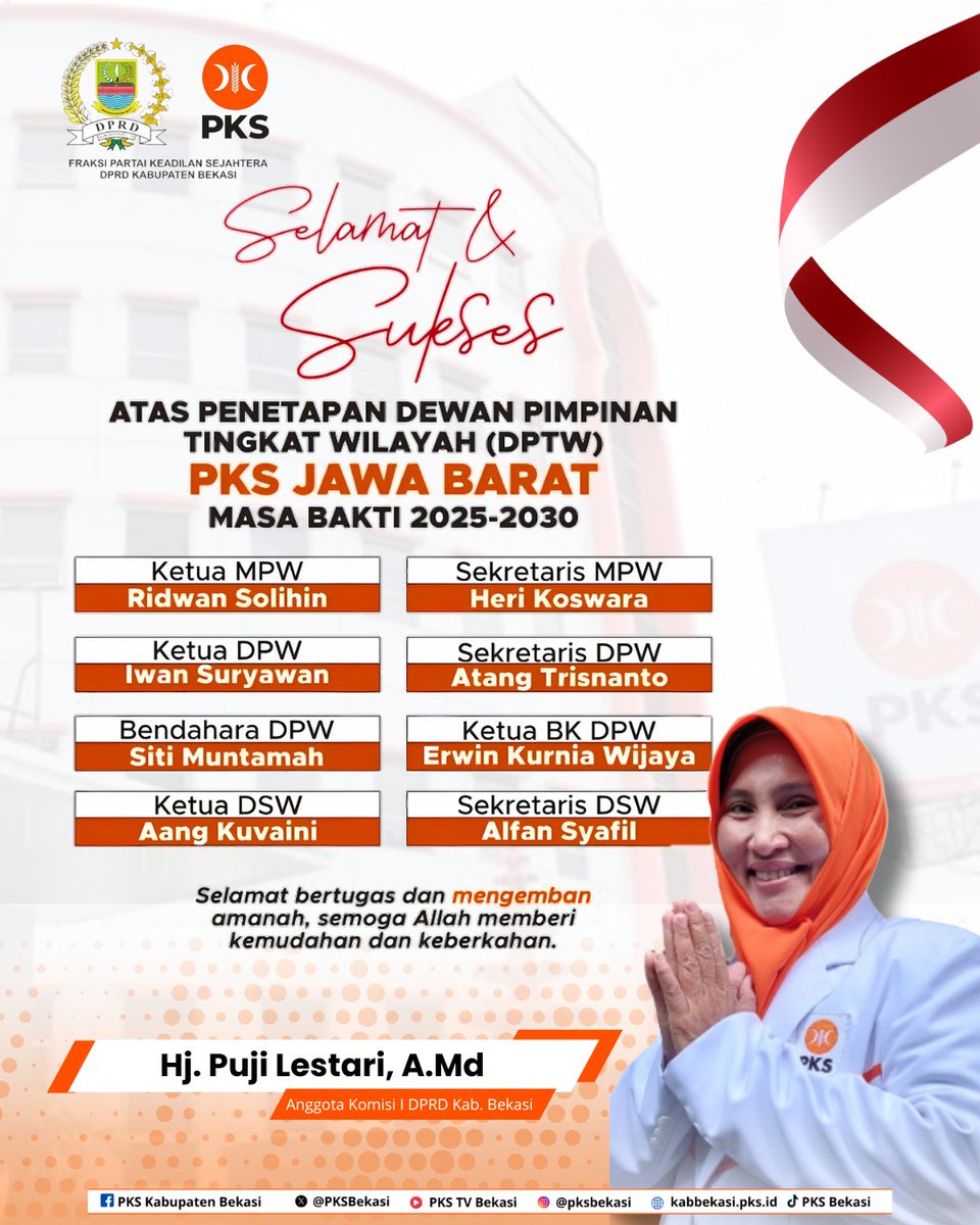 FPKSKabBekasi's tweet photo. Selamat mengemban amanah DPTW @pksjabar 

Ketua MPW: Ridwan Sholihin

Sekretaris MPW: Heri Koswara

Ketua DPW: Iwan Suryawan

Sekretaris DPW: Atang Trisnanto

Bendahara DPW: Siti Mumtamah

Ketua BKDPW: Erwin Kurnia Wijaya

Ketua DSW: Aang Kuvaini

Sekretaris DSW: Alfan Syafii https://t.co/PUHQqQ6I5m