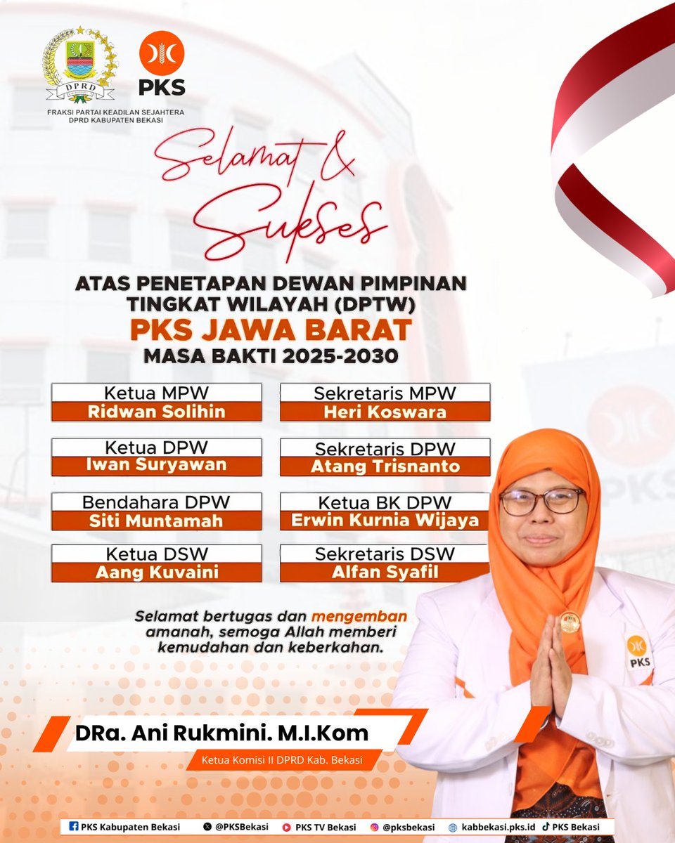 Selamat mengemban amanah DPTW <a href="/pksjabar/">DPW PKS Jawa Barat</a> 

Ketua MPW: Ridwan Sholihin

Sekretaris MPW: Heri Koswara

Ketua DPW: Iwan Suryawan

Sekretaris DPW: Atang Trisnanto

Bendahara DPW: Siti Mumtamah

Ketua BKDPW: Erwin Kurnia Wijaya

Ketua DSW: Aang Kuvaini

Sekretaris DSW: Alfan Syafii
