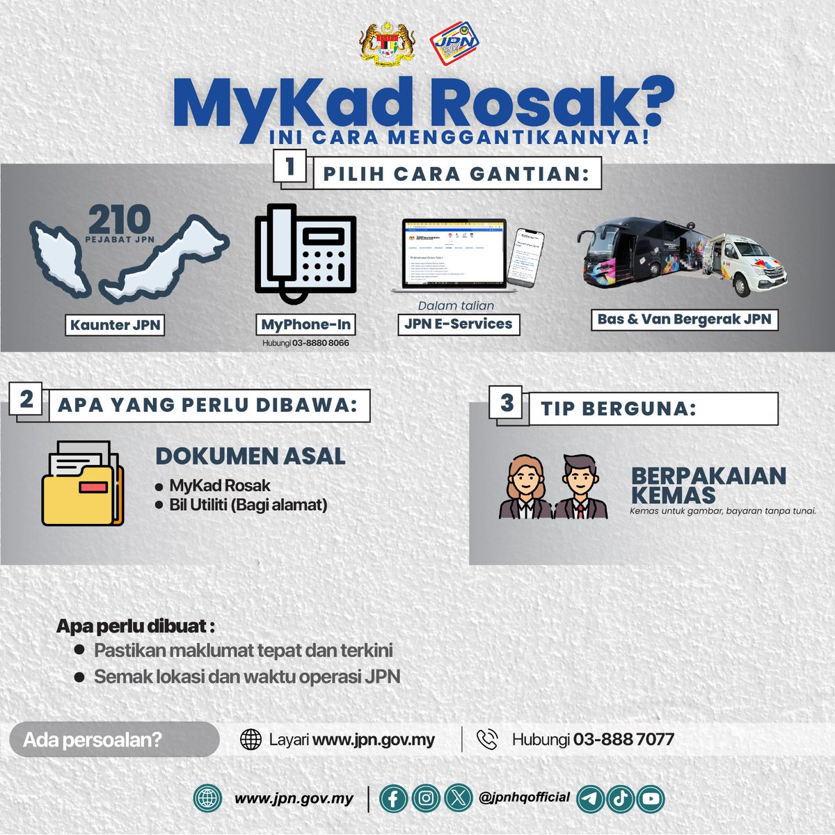 Eh, MyKad rosak?

Jangan panik, proses gantian sekarang cepat dan senang. Malah ada yang siap dalam masa 30 minit je!

Jom admin kongsikan cara nak mohon gantian MyKad.

#JPNDiManaMana
#RakyatDiHatiJPN
#MalaysiaMADANI