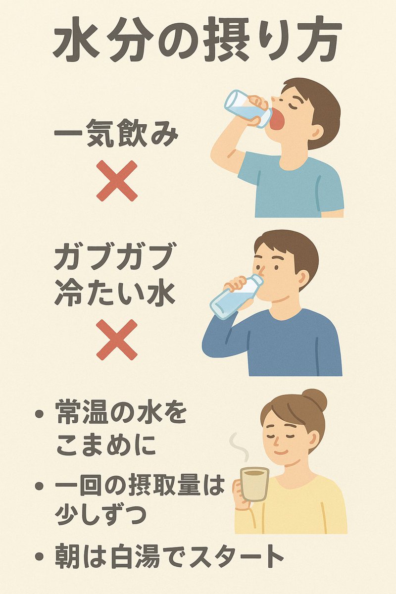 takuyasensei's tweet image. 【水分の摂り方】
一気飲み → ✖︎
ガブガブ冷たい水 → ✖︎
できれば
・常温の水をこまめに
・一回の摂取量は少しずつ
・朝は白湯でスタート
1日の目安は人により違う。中医学でも飲み過ぎれば「水毒」、つまり害になる。
「一律2リットル」ではないので自分の体調と相談しながら無理なくね。