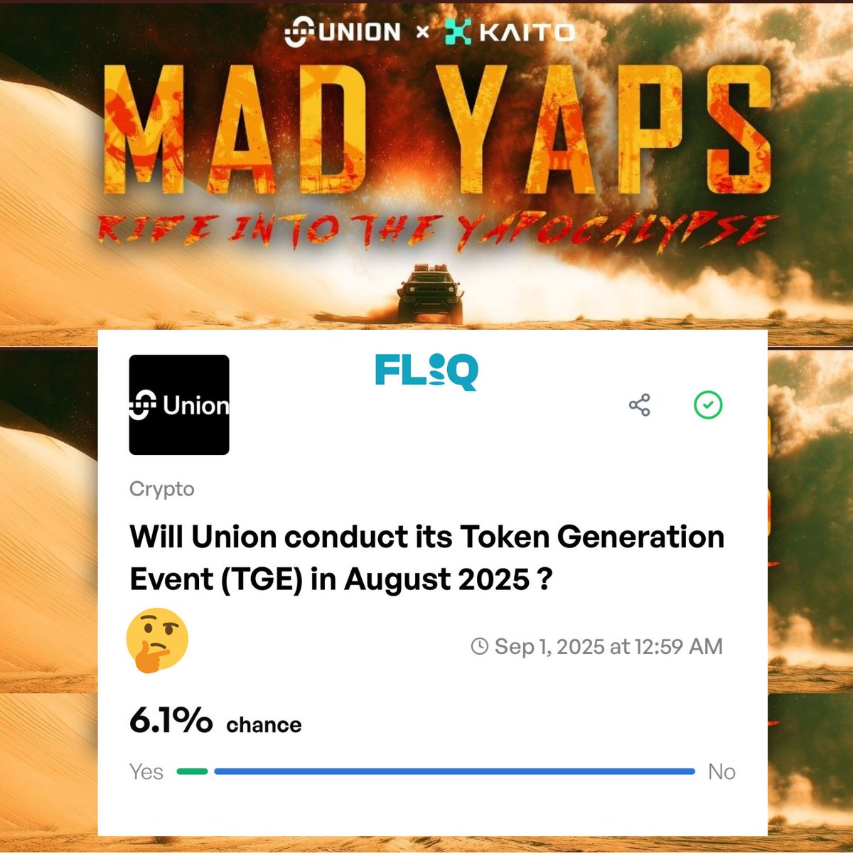 0xBabywhale5's tweet image. Seen posts flying about @union_build TGE right after the Union Ceremony ends in mid Aug
Some also believe the Mad Yaps on Kaito would run till end of August, and TGE after
Let’s forget the back and forth, trade that conviction into profit on @Aptos with @predictonfliq 💰🧠