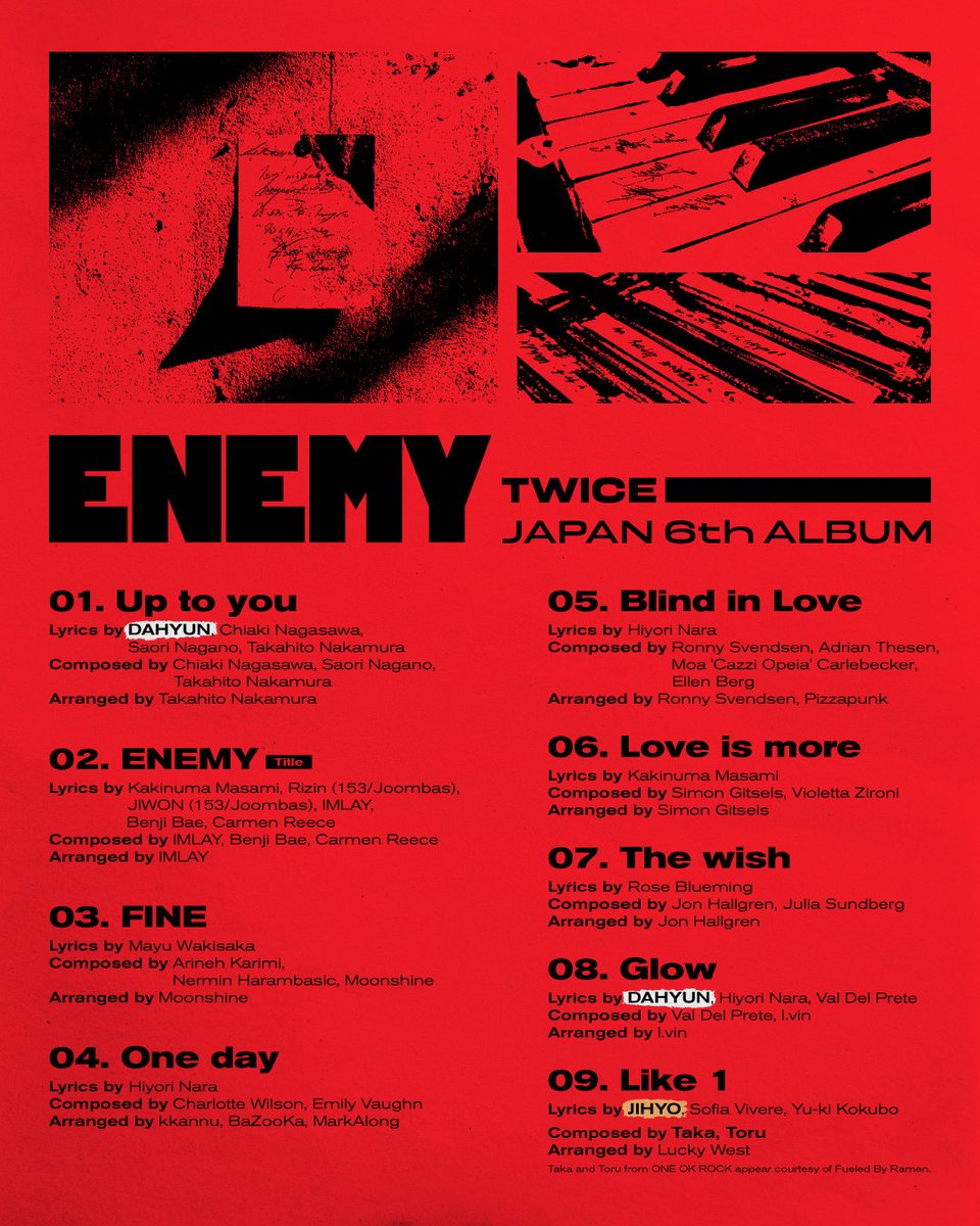 TakaとToruがプロデュースした楽曲"Like 1”が収録されているTWICE JAPAN 6th ALBUM『ENEMY』が8月27日に発売！

#TWICE #ONEOKROCK