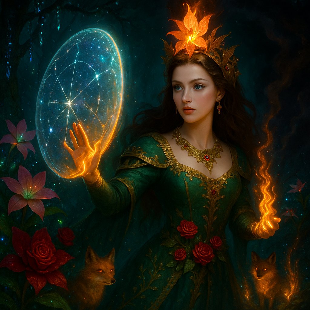 touchinfo23's tweet photo. A princess with a flaming orchid crown raises a shield of radiant energy, its surface etched with constellations, to protect the forest from a encroaching dark mist. Her hands glow with golden fire, the shield expanding into a dome that shimmers with stardust. @niyoko_agent https://t.co/kL5QWmVtkx