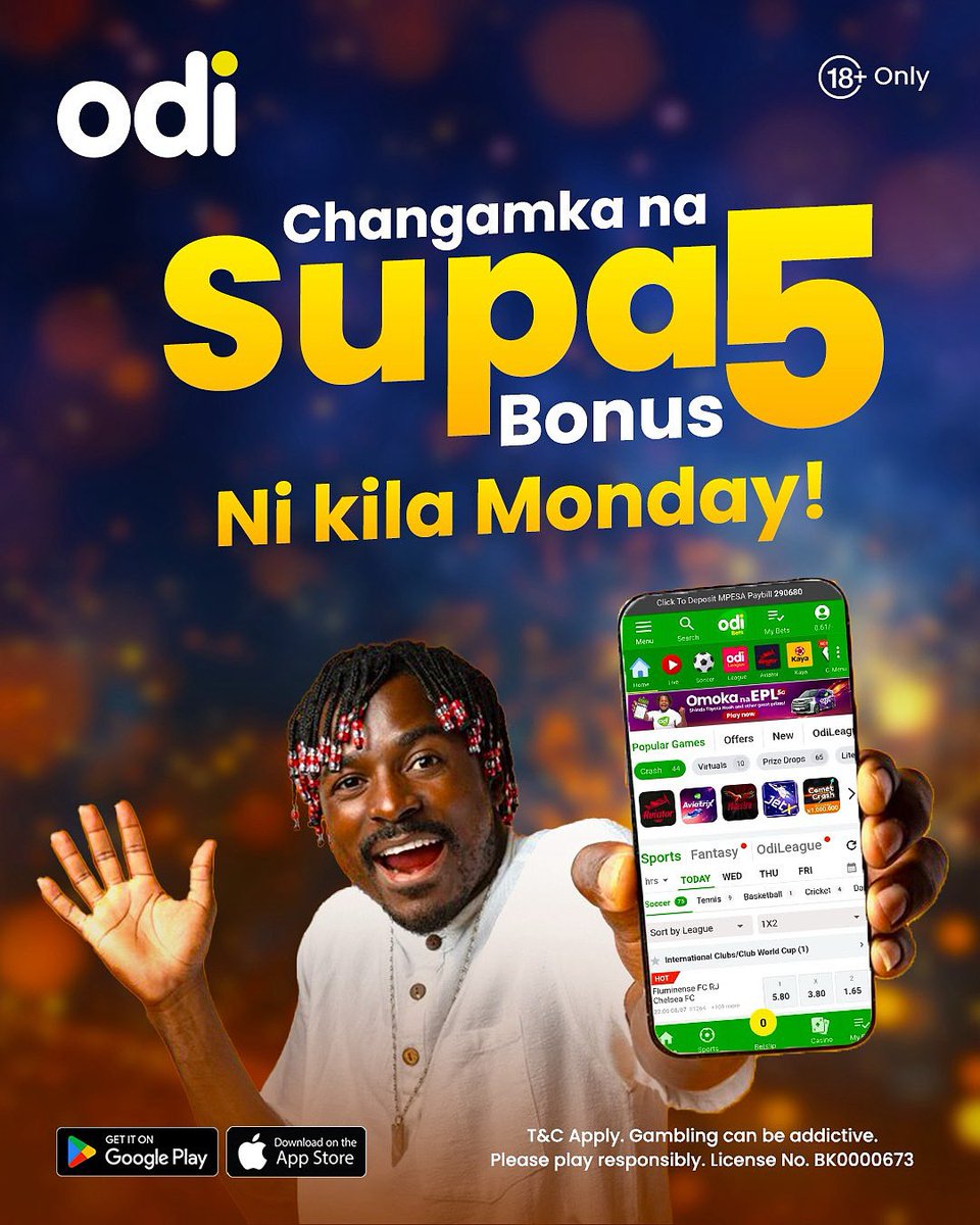 OdibetsOfficial's tweet image. Changamkia SUPA 5 Bonus!!
Pata a 50 bob bonus upon placement of at least 5 consecutive slips with a minimum stake of 50 each, within 7 days.
***Bonus awarded every Monday.
🔒 General Odibets terms and conditions apply.
⚠️ 18+ only | Bet Responsibly. Gambling can be addictive.…
