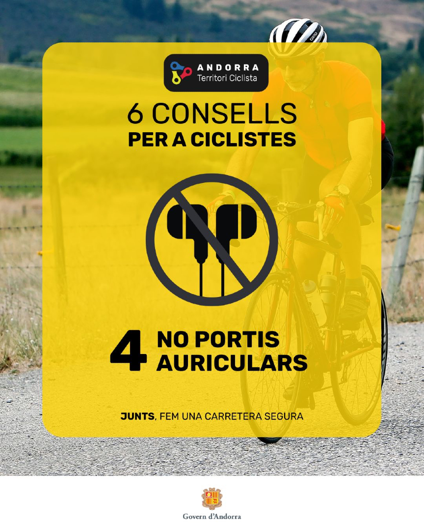 🧠🎧 Si portes auriculars, deixes de sentir el que passa al teu voltant. Pedala connectat amb la carretera, no amb la música.
#AndorraTerritoriCiclista #6consells #JuntsFemUnaCarreteraSegura