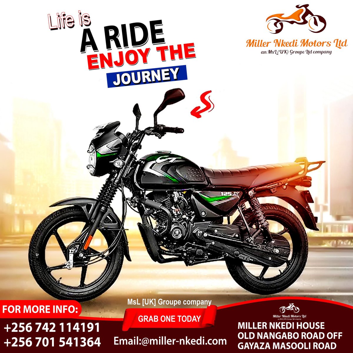 Be your own boss today and let the world know about it.
 With #MillerNkediMotorsLtd the dreams can come true. Get yourself a motorbike today.