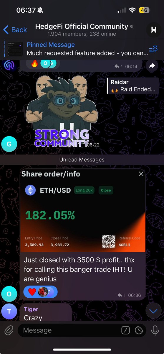 Someone has just made $3500 from 1 single trade in <a href="/hedgefieth/">HedgeFi</a> 

As well as the automated trading bot, owning 1m $hedge tokens also gives you access to a telegram group with the hedge professional trader, where he shares tips and insight on the market