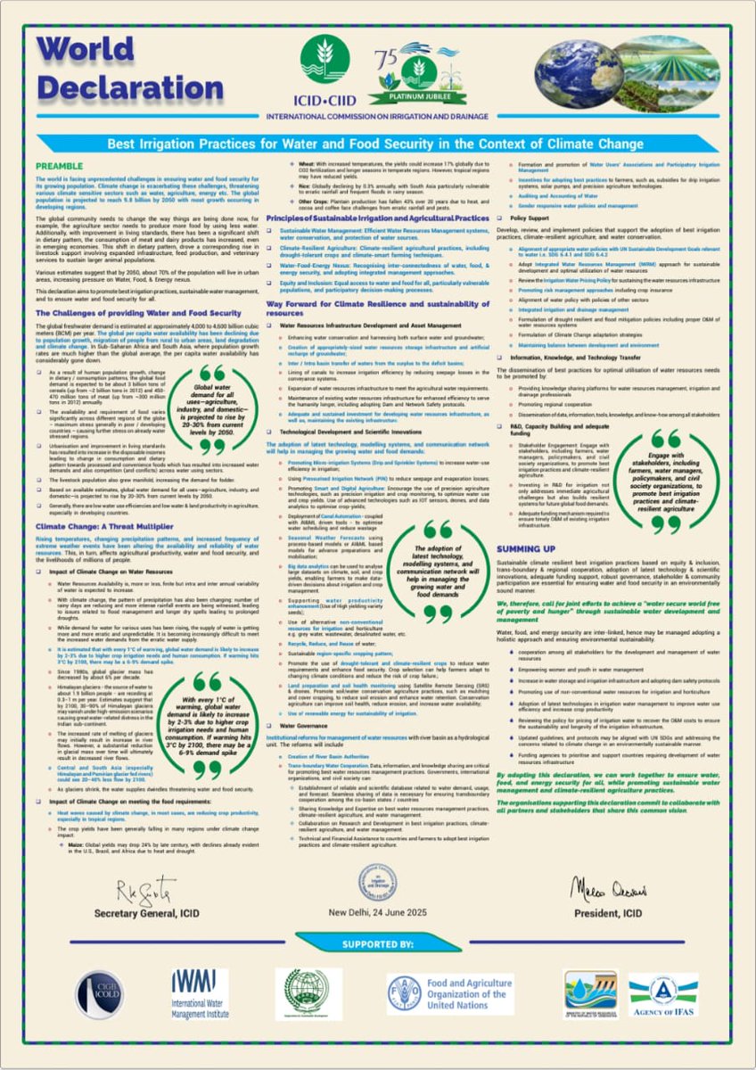 ICID (@icidorg) on Twitter photo the World Declaration on “Best Irrigation Practices for Water and Food Security in the Context of Climate Change” was adopted by ICID on 24th June 2025 which was the 75th anniversary of the foundation day of ICID.
<a href="/marcoarcieri12/">Marco Arcieri</a> <a href="/IWMI_/">IWMI</a> <a href="/FAO/">Food and Agriculture Organization</a> <a href="/ICOLDCIGB/">ICOLD-CIGB</a> the World Declaration on “Best Irrigation Practices for Water and Food Security in the Context of Climate Change” was adopted by ICID on 24th June 2025 which was the 75th anniversary of the foundation day of ICID.
<a href="/marcoarcieri12/">Marco Arcieri</a> <a href="/IWMI_/">IWMI</a> <a href="/FAO/">Food and Agriculture Organization</a> <a href="/ICOLDCIGB/">ICOLD-CIGB</a>