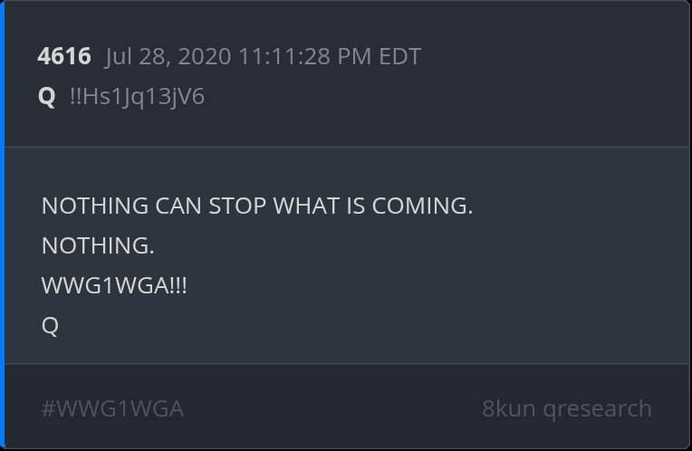 Hadessah1776!🍊🍊🍊🍊🍊 (@hkracken) on Twitter photo NOTHING CAN STOP WHAT IS COMING.
NOTHING.
WWG1WGA!!!
Q
Today's Q Delta. NOTHING CAN STOP WHAT IS COMING.
NOTHING.
WWG1WGA!!!
Q
Today's Q Delta.