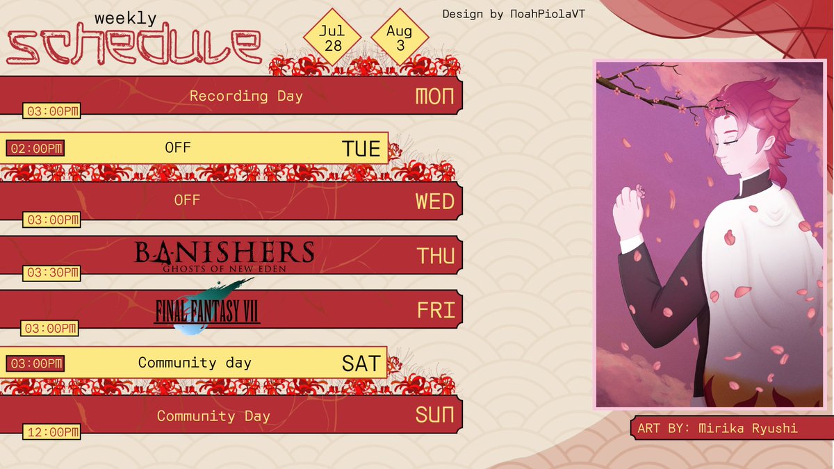 Here's The Schedule for This week! i'm super excited to share this with you and a special announcement tomorrow for the Birthday Stream Next week &lt;3 i can't wait to hang out with you guys! we have #Banishers and #finalfantasy7remake the Yuffie Episode!