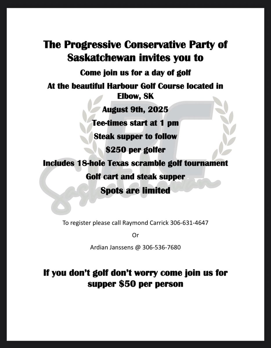 PCPSask's tweet image. Come join us August 9th
Spots are limited
Register before August 1st to secure your spot 
We look forward to seeing you there
#golf #skpoli
