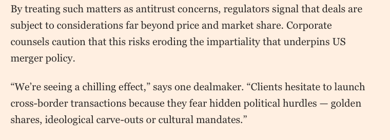 Exactly zero surprises here -- inviting grifting and culture war grievance peddling in the M&amp;A review process is bad for deals.