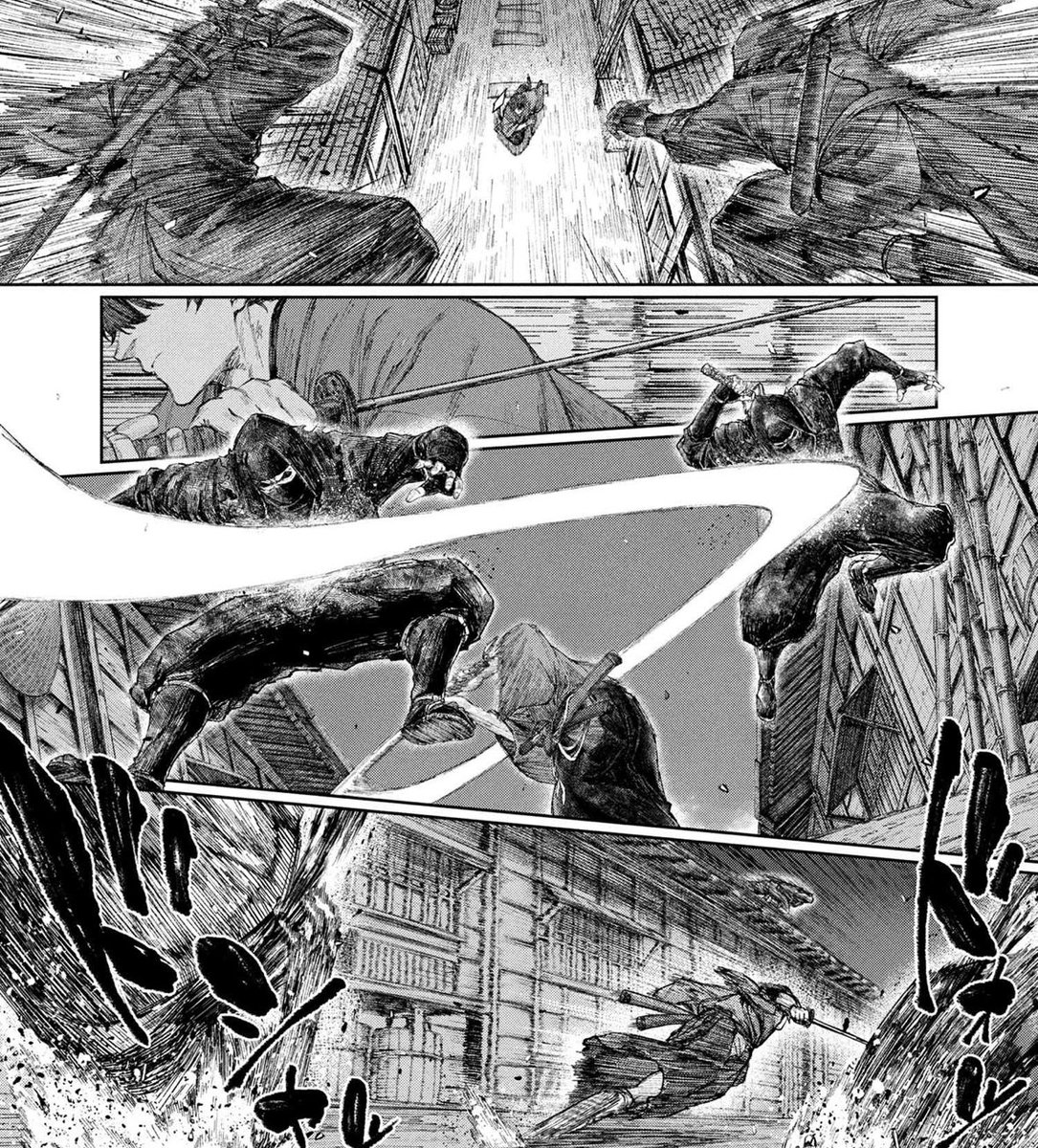 jeroninjachaos's tweet image. 【第一話 前編】Fate/Samurai Remnant|TYPE-MOONコミックエース公式サイト web-ace.jp/tmca/contents/… #FateSR
多数の忍びに囲まれても一人大立ち回りで切り捨てたり、大具足の武者相手に唾を飲むという、ひと目で泰平の世に生まれたのが間違いだと分かる宮本伊織