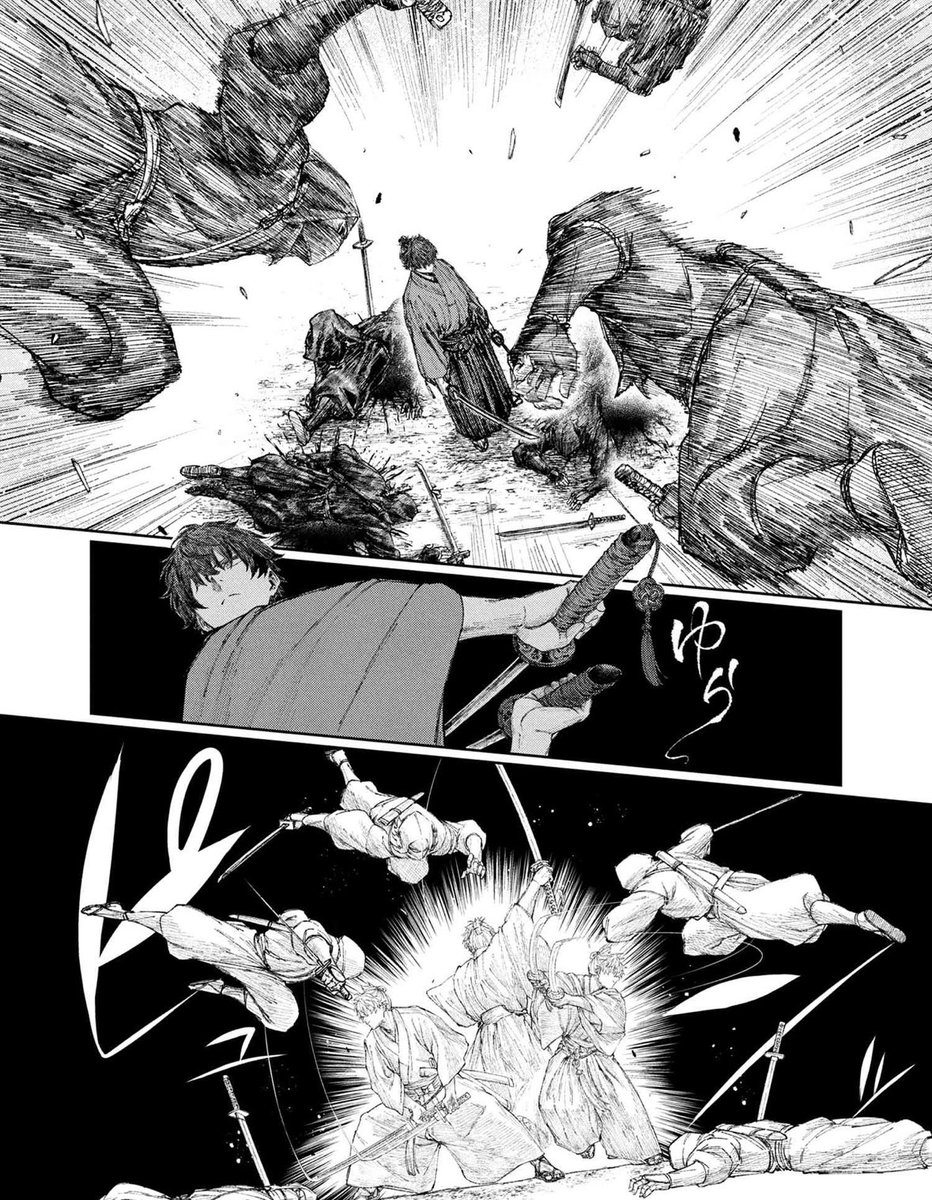 jeroninjachaos's tweet image. 【第一話 前編】Fate/Samurai Remnant|TYPE-MOONコミックエース公式サイト web-ace.jp/tmca/contents/… #FateSR
多数の忍びに囲まれても一人大立ち回りで切り捨てたり、大具足の武者相手に唾を飲むという、ひと目で泰平の世に生まれたのが間違いだと分かる宮本伊織